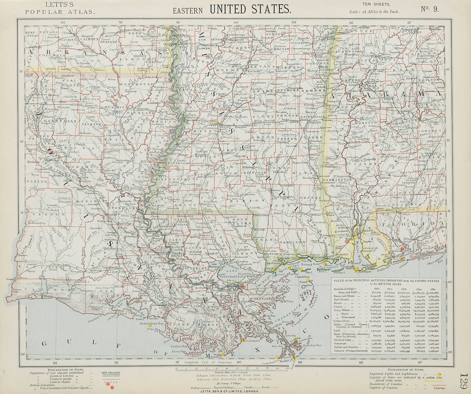 US GULF COAST Louisiana Mississippi Alabama Railroads Lighthouses LETTS 1884 map